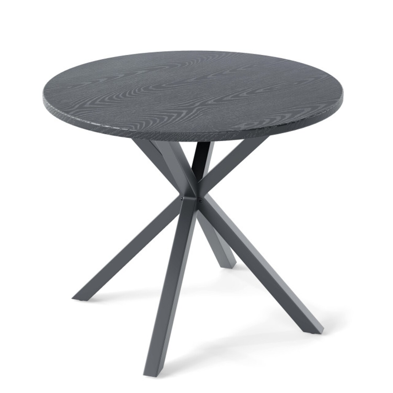 Black Metal Round Patio Bistro Table with Wood Grain Top Outdoor Dining Table for Garden Deck Balcony